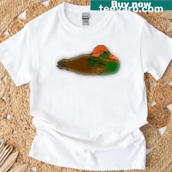 Cartoon duck wearing a backwards cap on a T-shirt