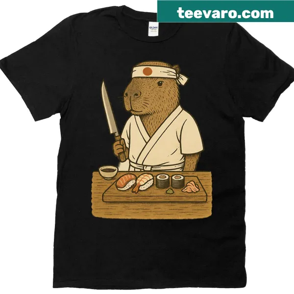 Capybara sushi chef cartoon design on a T-shirt