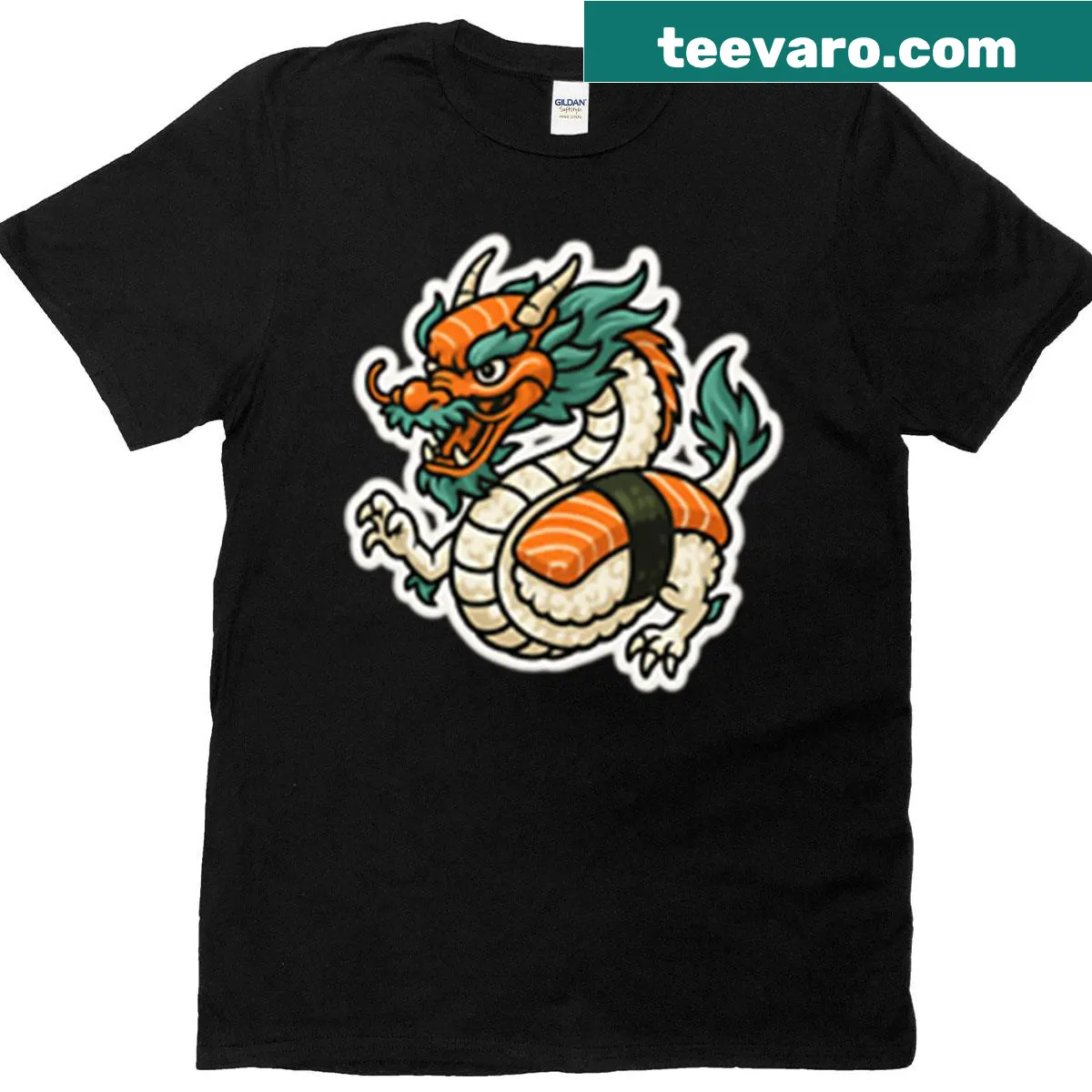 Sushi dragon illustration T-shirt featuring a mythical creature made of sushi. — on a men's t-shirt
