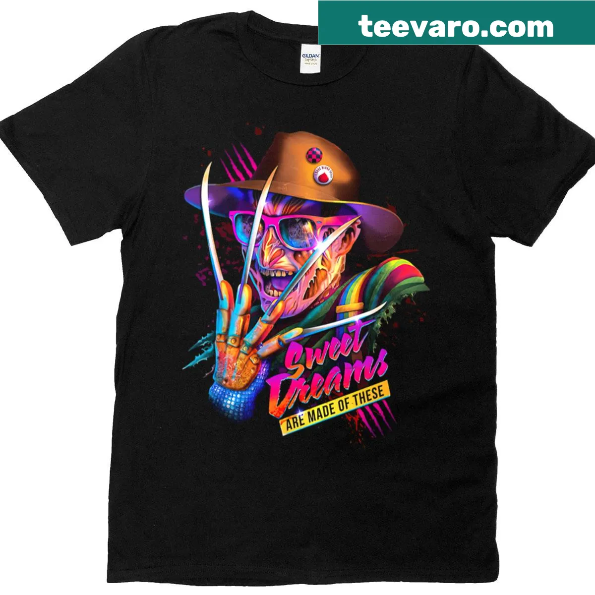 Retro t-shirt featuring a horror-inspired 'Sweet Dreams' design — on a men's t-shirt