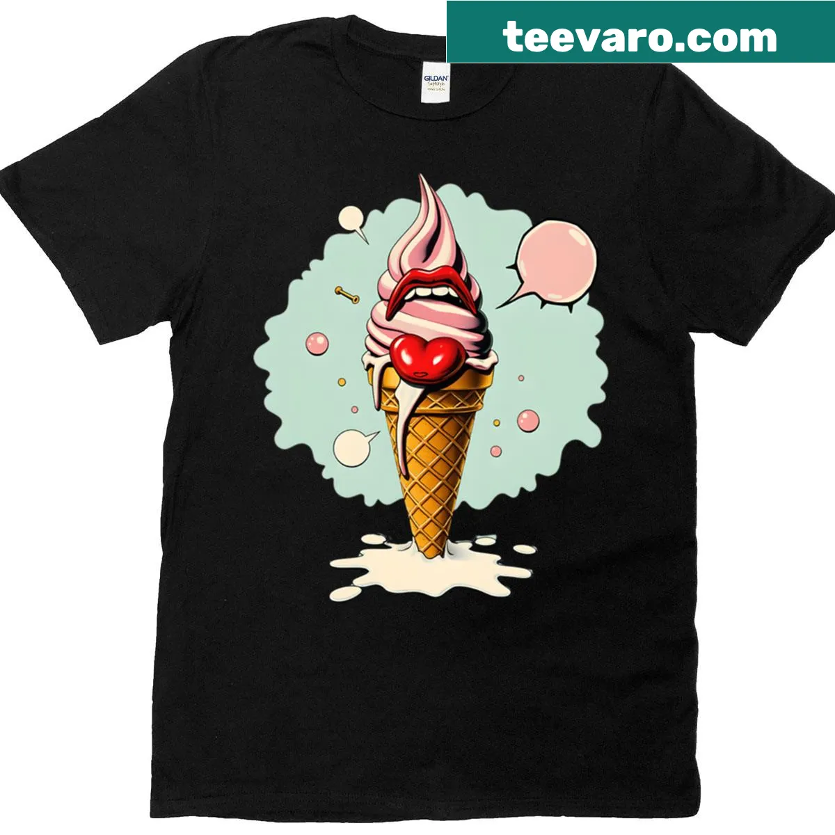 Playful Talking Ice Cream Pop Art design with lips and heart — on a men's t-shirt