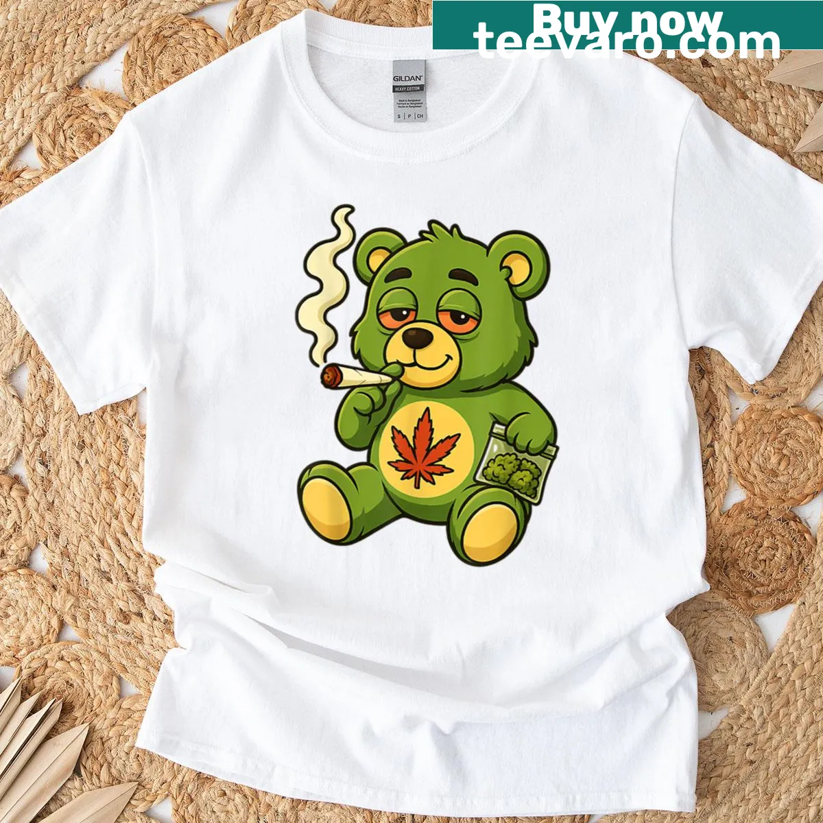 Cartoon bear smoking a joint surrounded by cannabis leaves — on a men's t-shirt