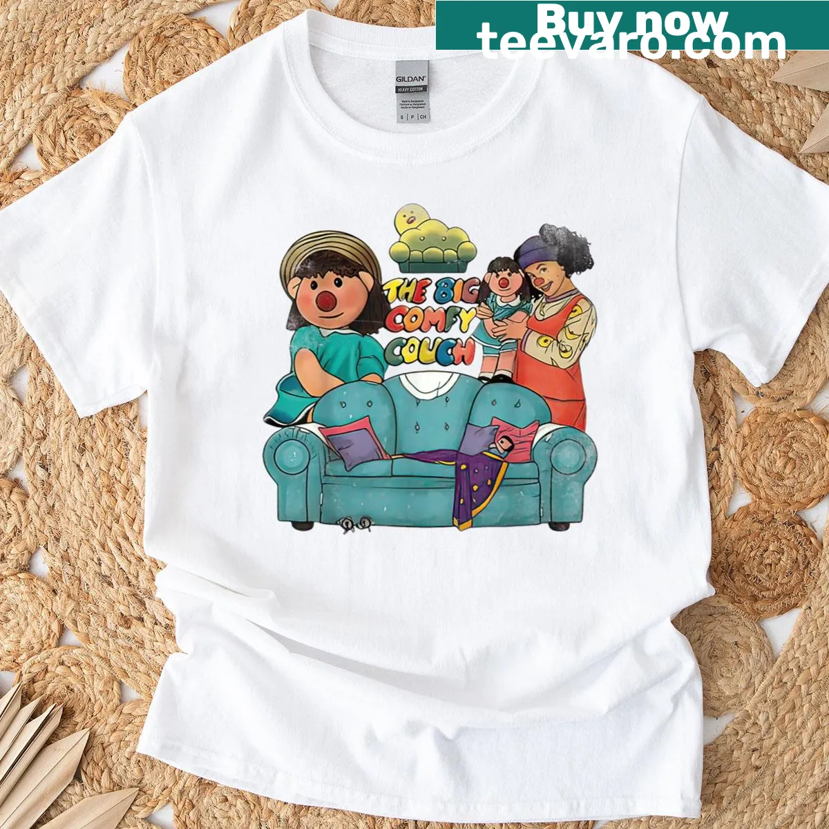 T-shirt inspired by The Big Comfy Couch featuring playful typography — on a men's t-shirt