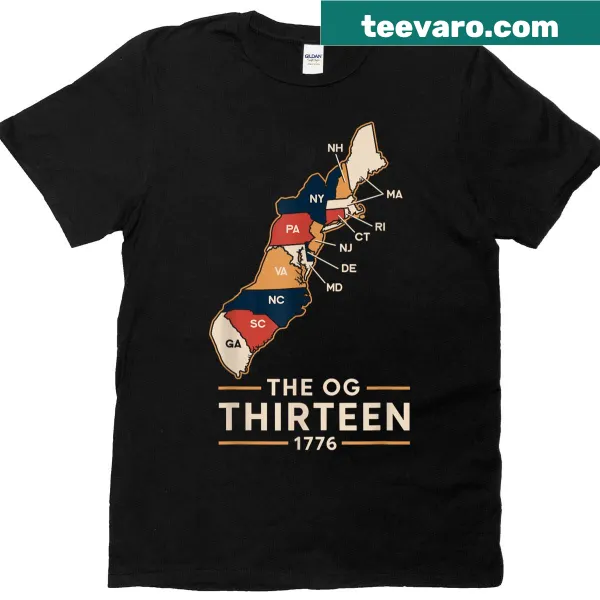 Map of the original thirteen colonies on a T-shirt