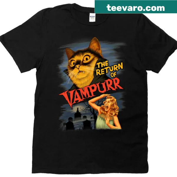 Cartoon cat dressed as a vampire on an oversized T-shirt