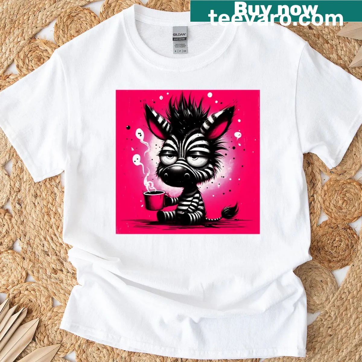 Cartoon zebra holding a coffee cup, looking tired, on a T-shirt — on a men's t-shirt