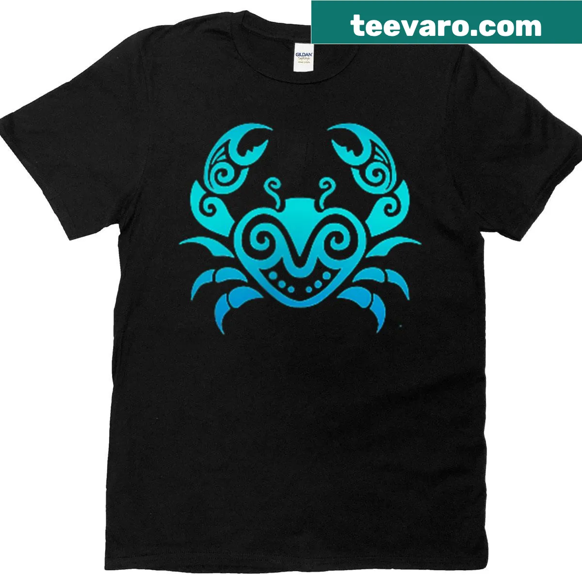 Two-sided T-shirt with Hawaiian sun and crab illustrations — on a men's t-shirt