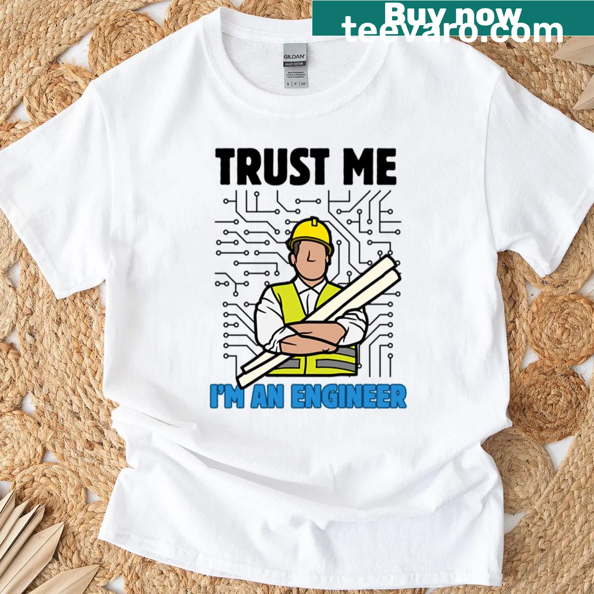 Funny engineering quote T-shirt saying 'Trust Me I'm An Engineer' in bold lettering — on a men's t-shirt