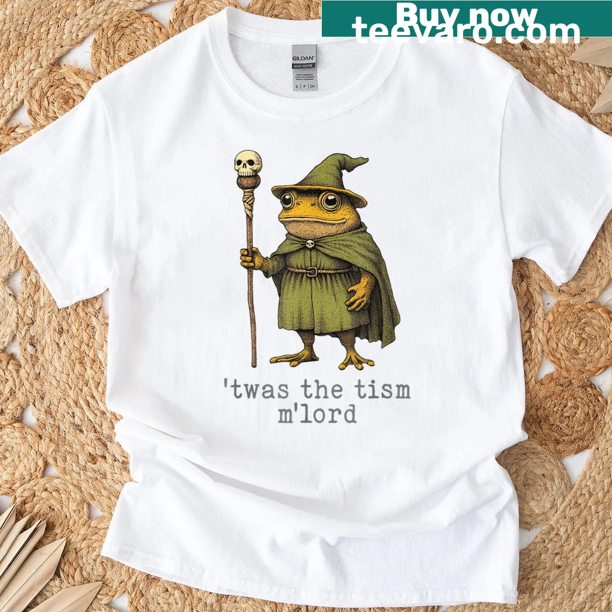 Funny wizard frog design with the phrase 'Twas The Tism Mlord' on a t-shirt — on a men's t-shirt