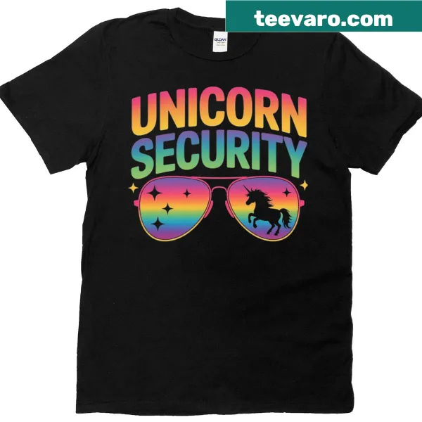 T-shirt featuring a whimsical unicorn security design for family celebrations.