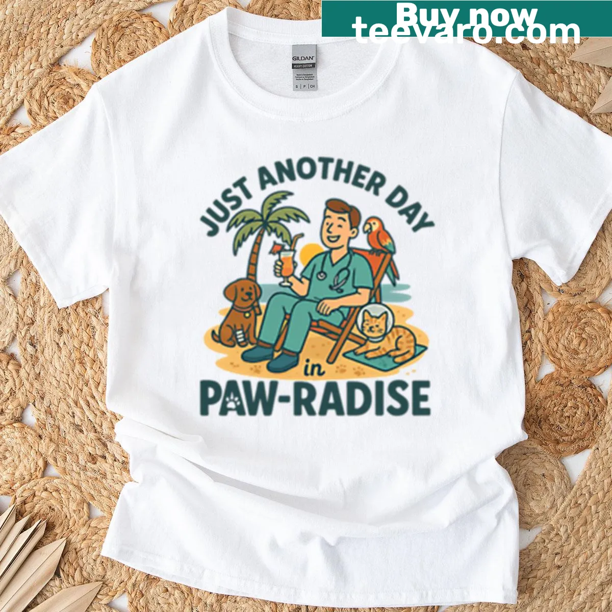Charming illustration on t-shirt depicting 'Just Another Day In Pawradise' for vets — on a men's t-shirt