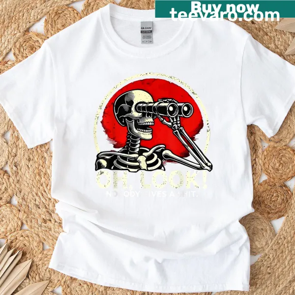 Nostalgic skeleton graphic t-shirt with 'Oh Look Nobody Gives A' text