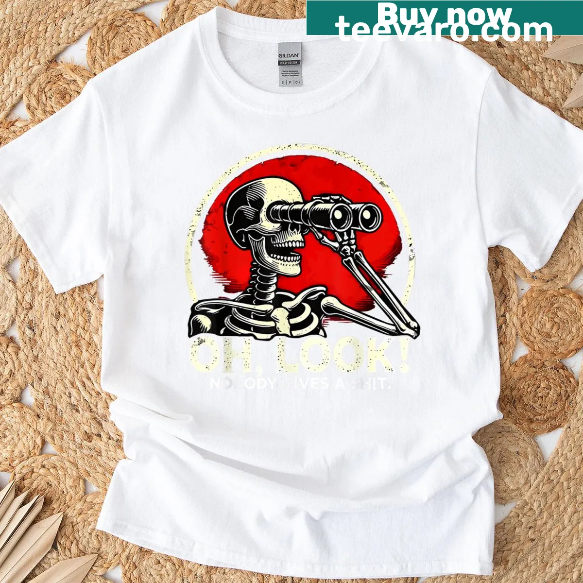Nostalgic skeleton graphic t-shirt with 'Oh Look Nobody Gives A' text — on a men's t-shirt