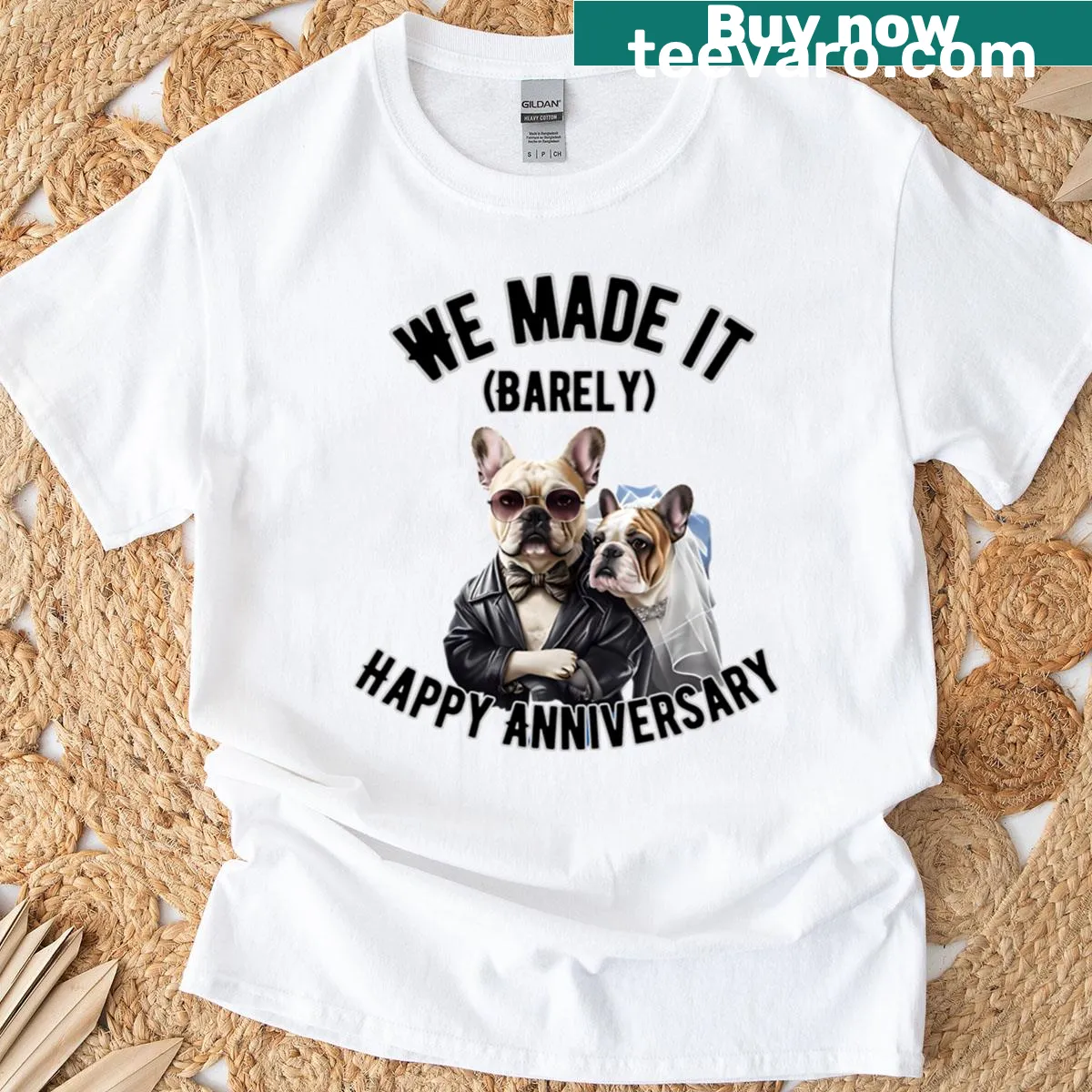 Funny bulldog anniversary t-shirt with humorous saying for couples — on a men's t-shirt