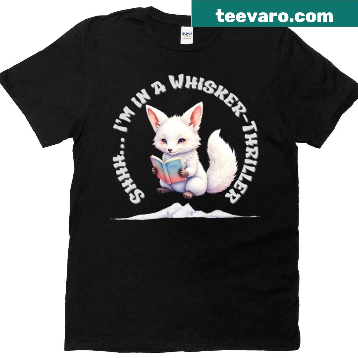Cute illustrated fox reading a book with whimsical design — on a men's t-shirt