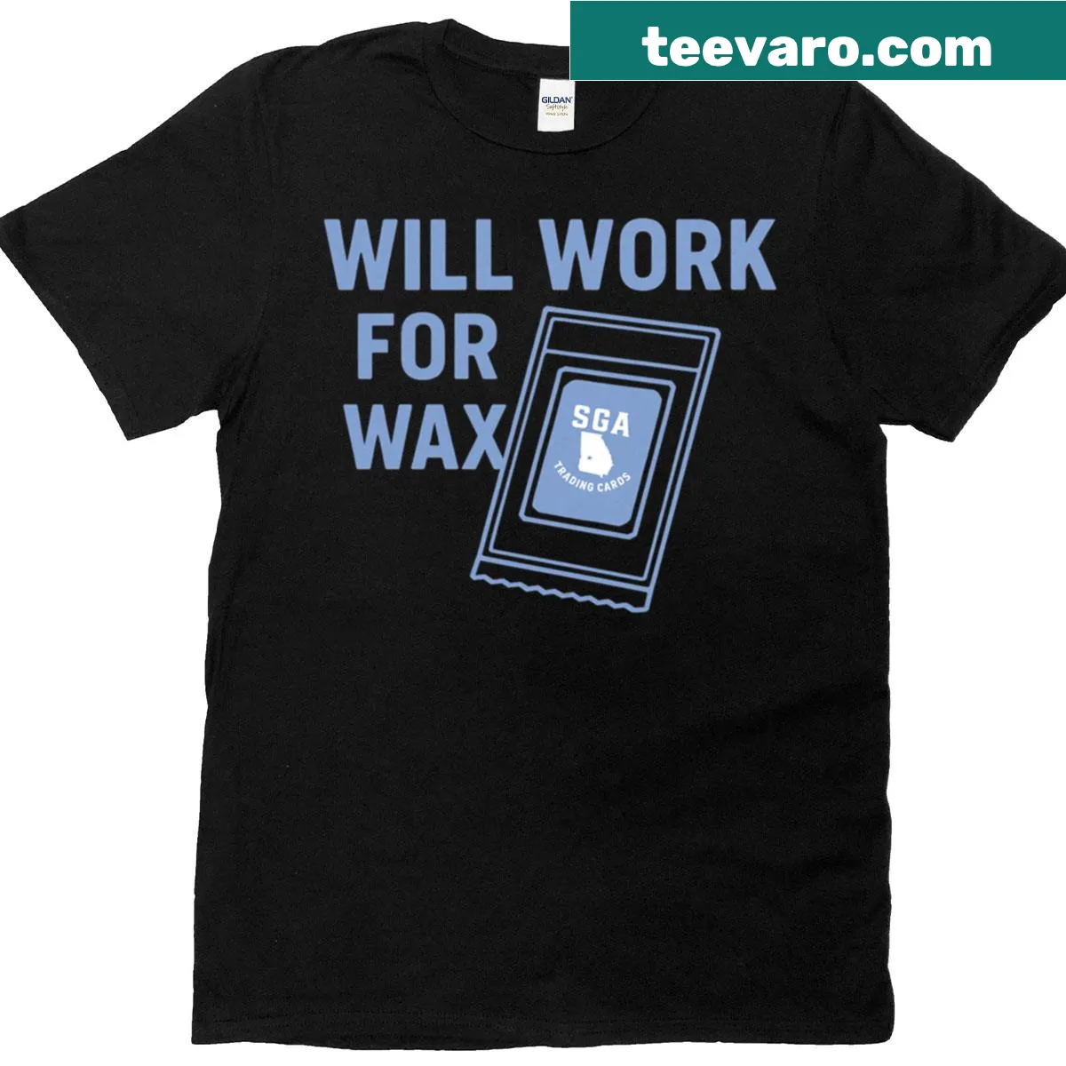 Humorous t-shirt for sports card collectors with 'Will Work For Wax' text — on a men's t-shirt