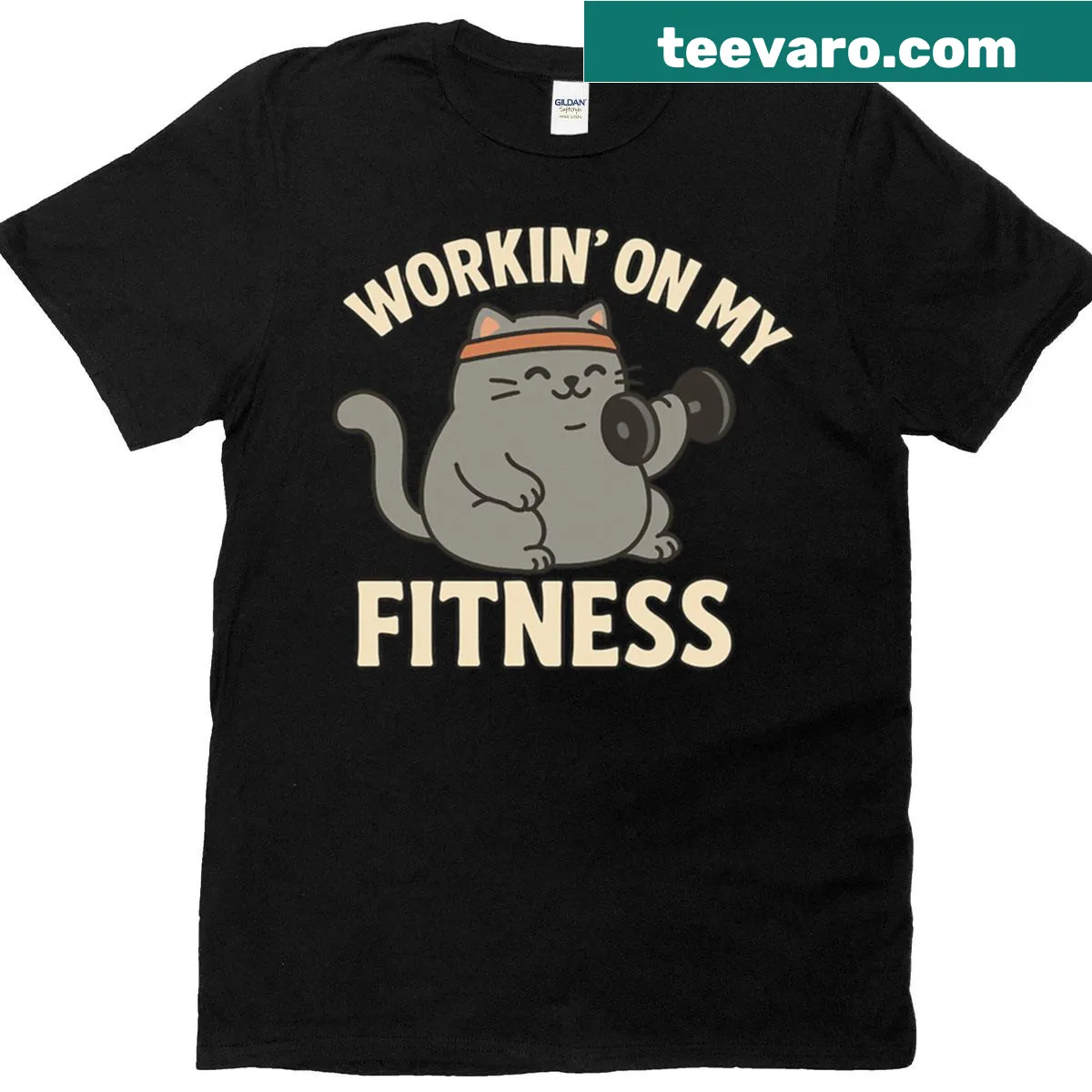Funny cat-themed Workin On My Fitness T-shirt — on a men's t-shirt