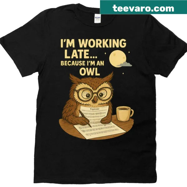 Owl illustration with espresso and musical notes on a T-shirt