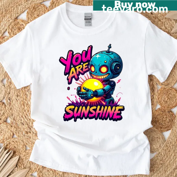 Playful T-shirt with a robot hugging a sun illustration