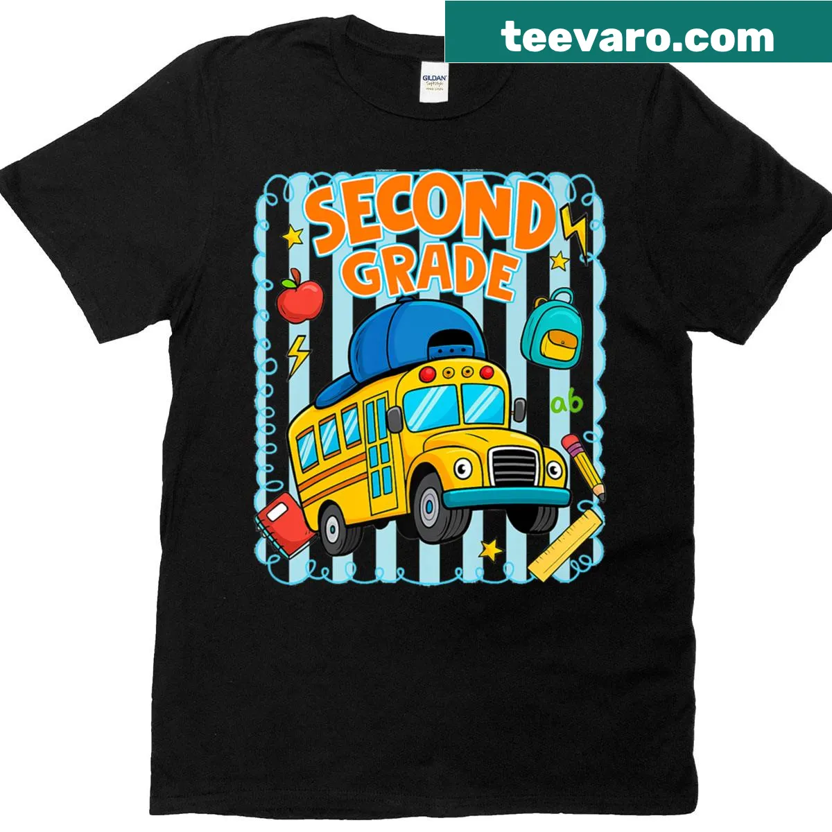 Illustrative design of school bus with '2nd Grade Squad' text — on a men's t-shirt