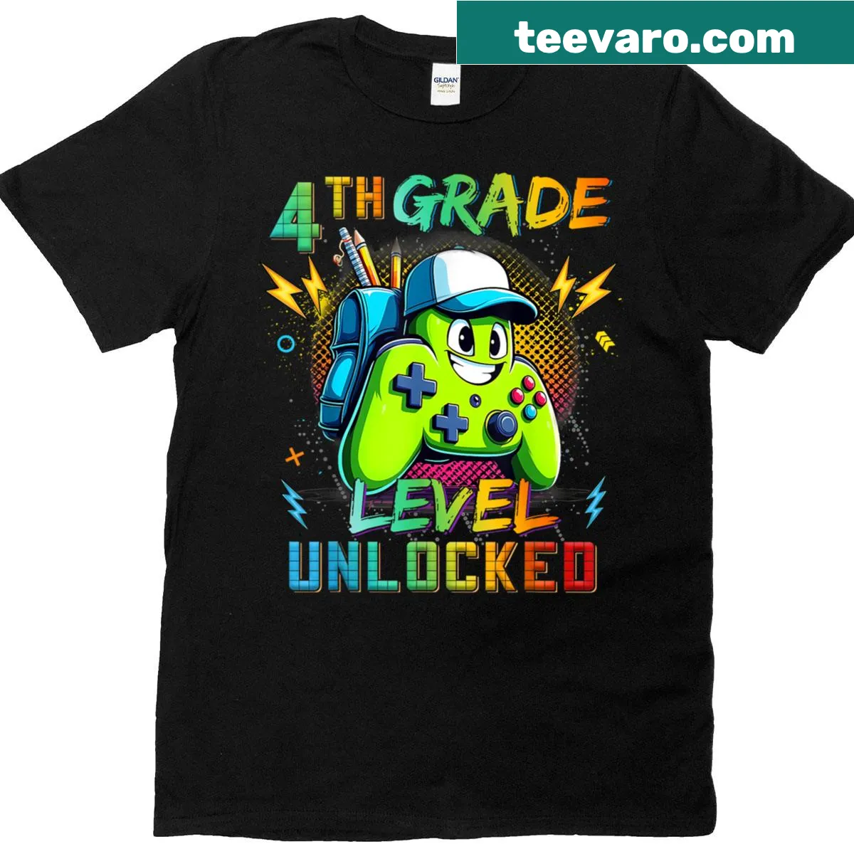4th Grade Level Unlocked gamer t-shirt for kids — on a men's t-shirt