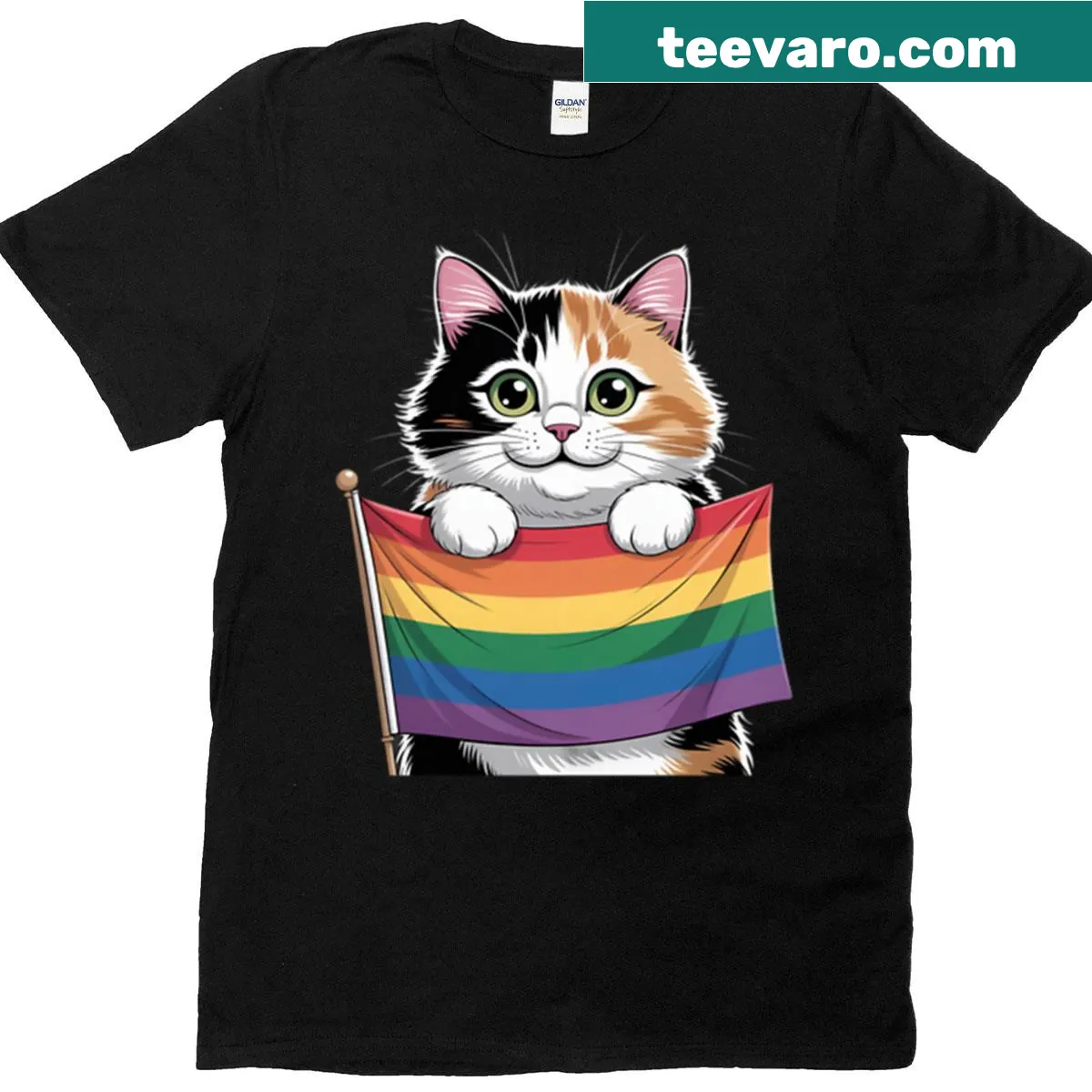 Cute cat holding an LGBTQ flag illustration on a t-shirt — on a men's t-shirt