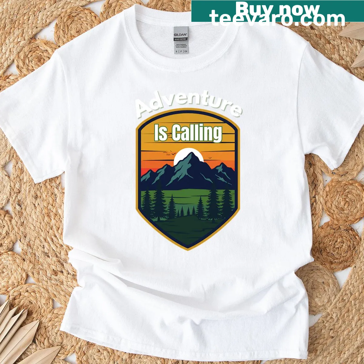 Mountain hiking design with peaks and adventure theme — on a men's t-shirt