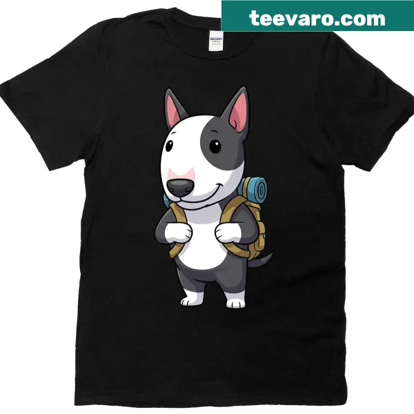 Illustrated Bull Terrier with backpack on a hiking adventure t-shirt