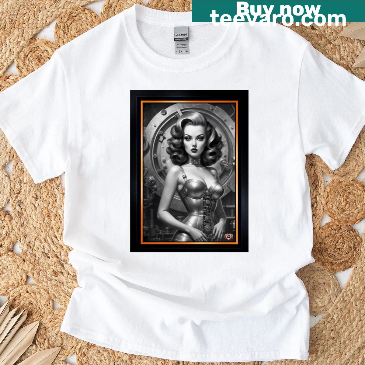 Mechanical pinup girl with gears illustration on T-shirt — on a men's t-shirt