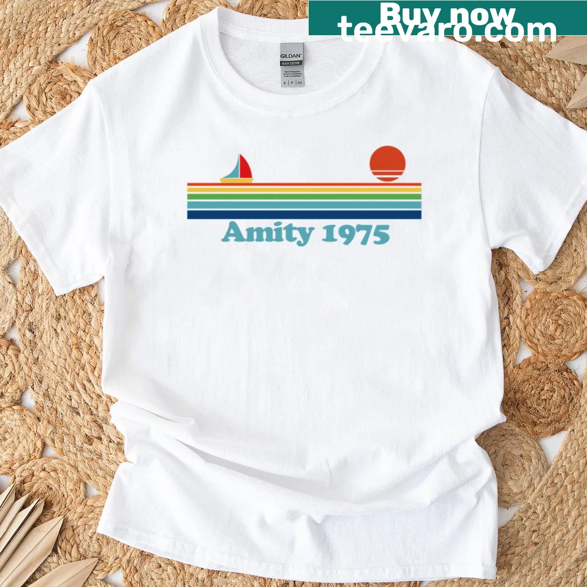 Retro-themed T-shirt featuring Amity 1975 emblem — on a men's t-shirt