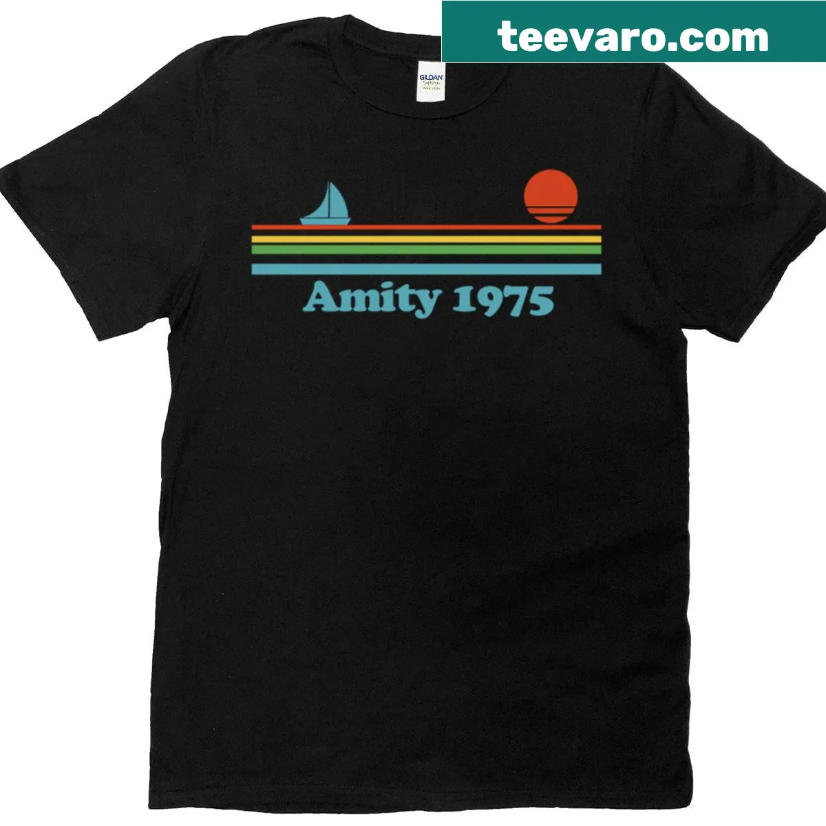 Retro T-shirt celebrating 'Amity 1975' with vintage styling — on a men's t-shirt