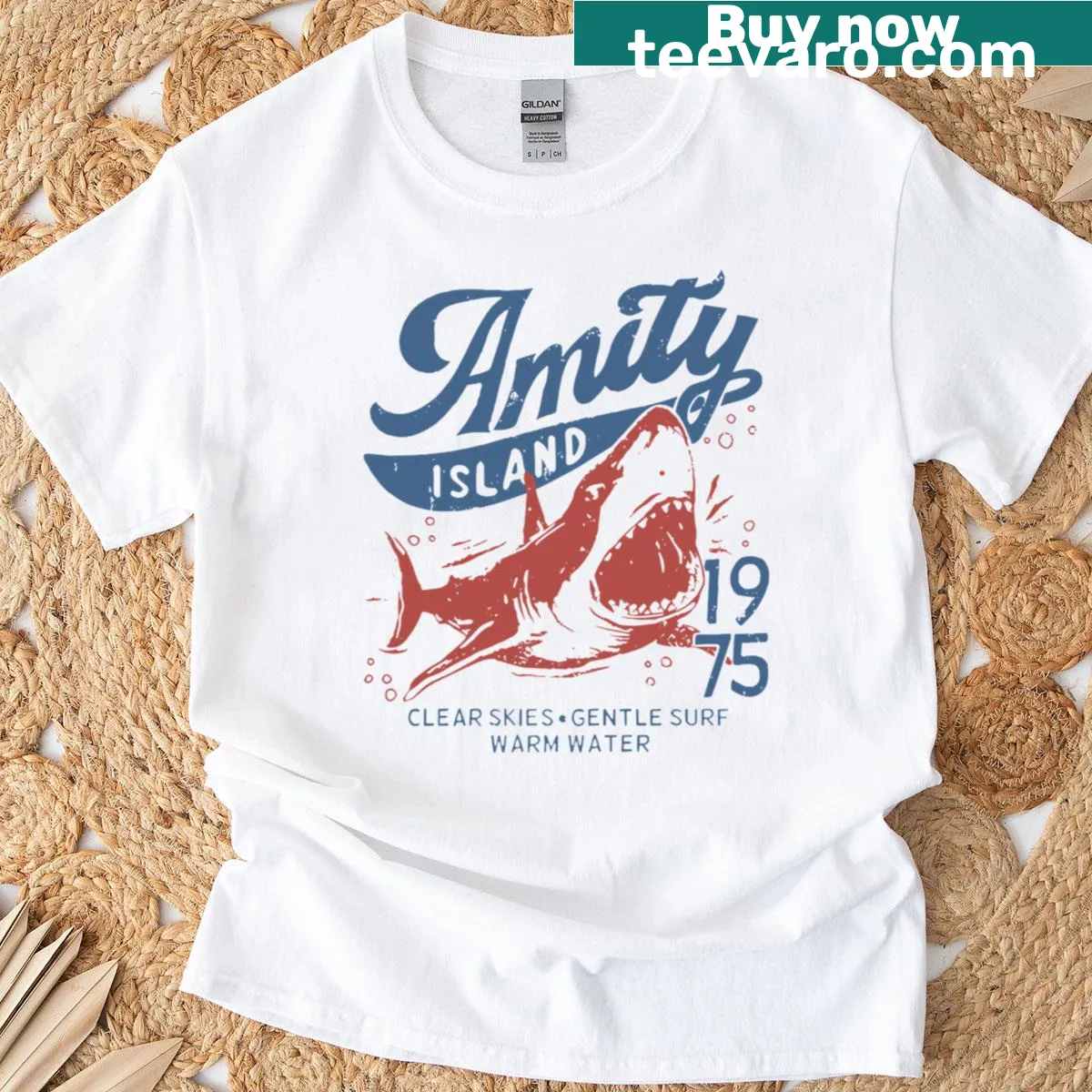 Vintage horror-themed Amity Island graphic t-shirt — on a men's t-shirt