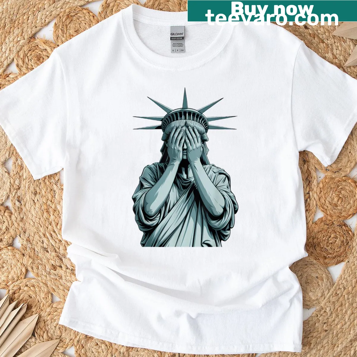 Illustration of Statue of Liberty covering her face, crying about equality — on a men's t-shirt