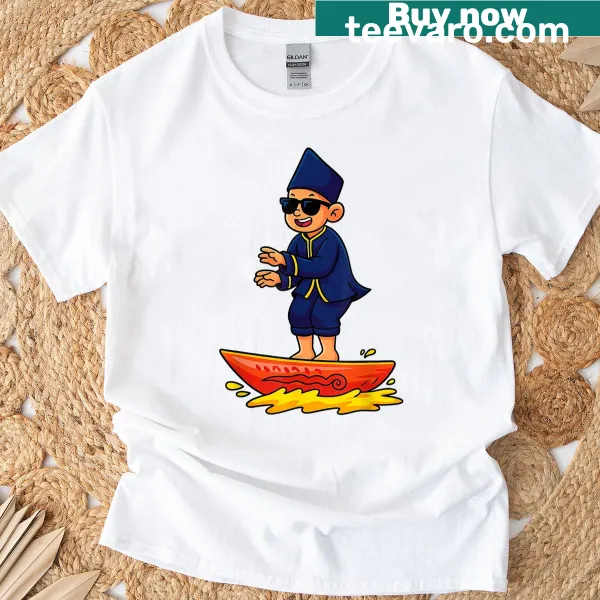 Cartoon of racing kid on a boat with meme graphics