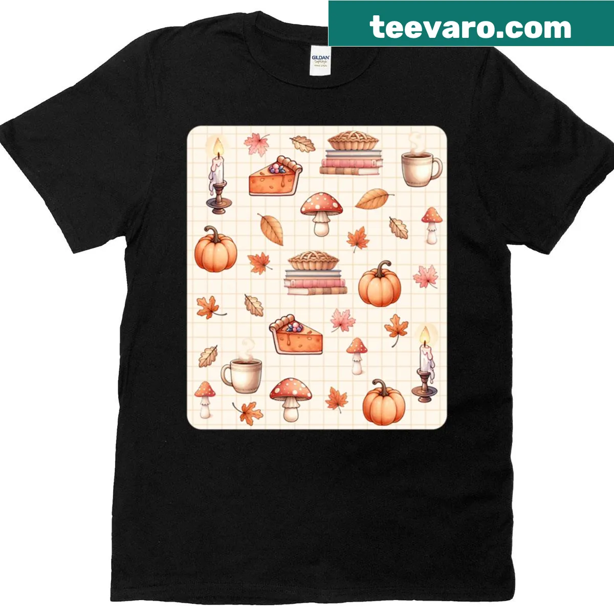 Whimsical autumn-themed collage design T-shirt for women — on a men's t-shirt
