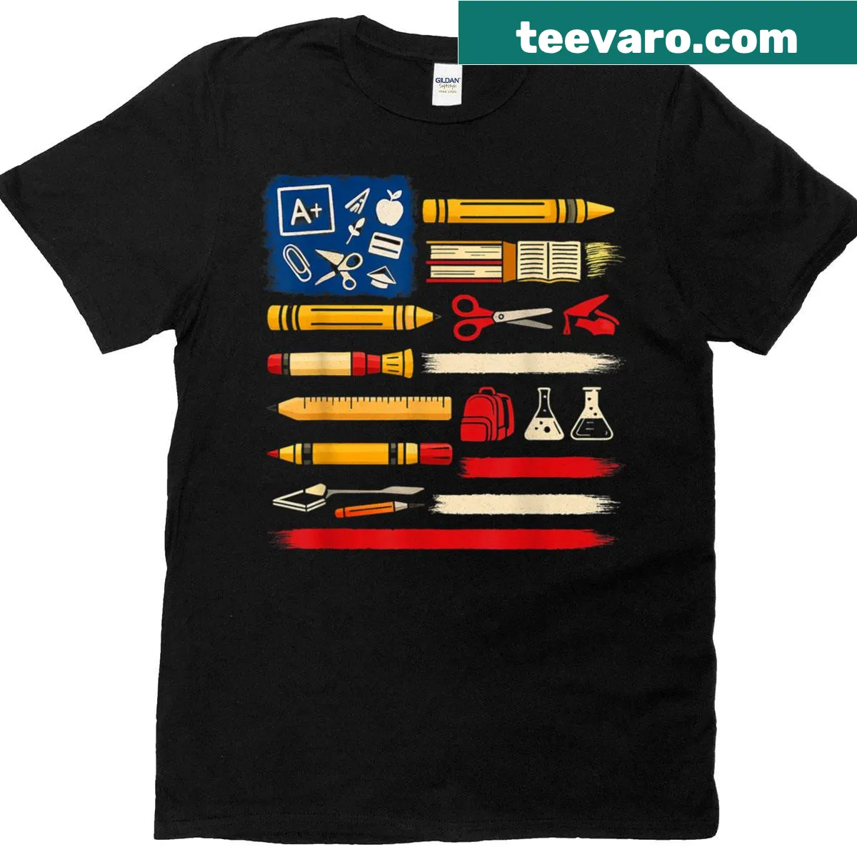 T-shirt with American flag and school supplies design — on a men's t-shirt