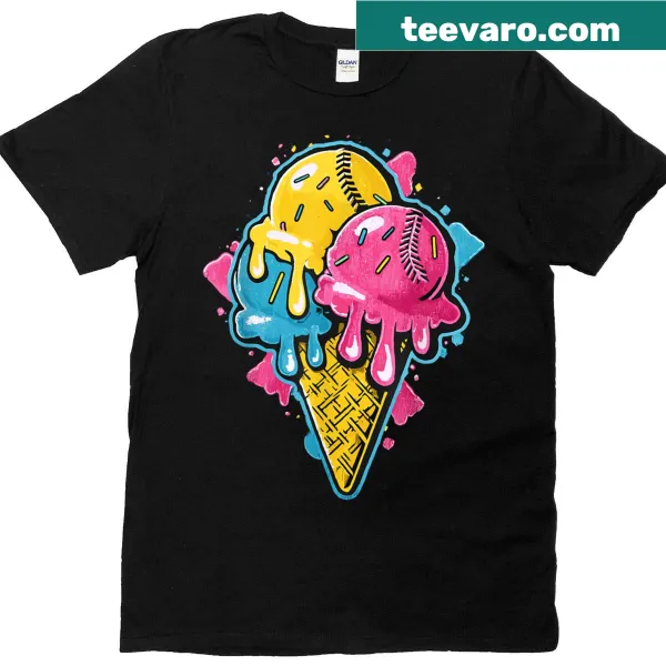 Cartoon ice cream cone topped with a baseball on a youth t-shirt.