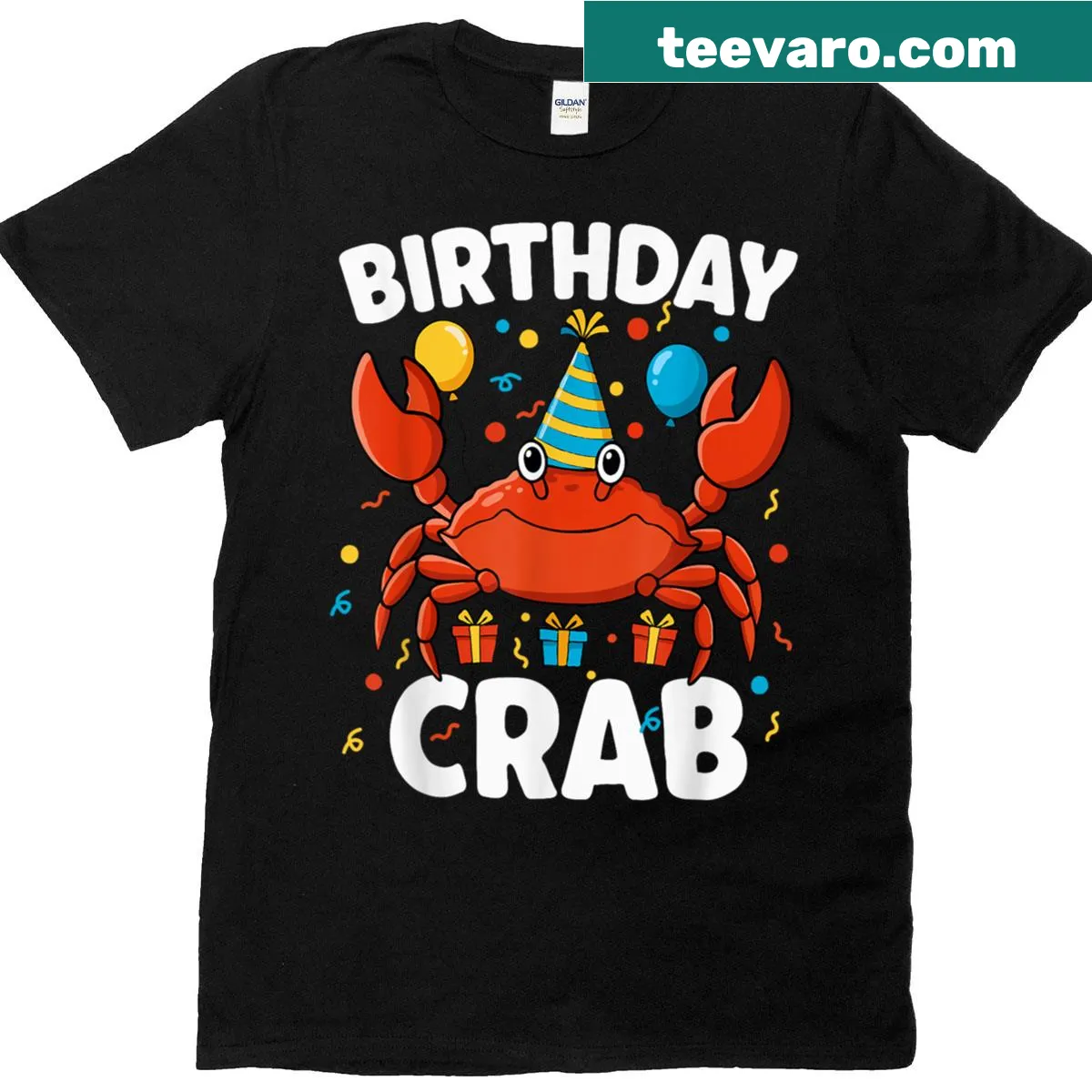 Funny birthday-themed T-shirt featuring cartoon crabs at a party — on a men's t-shirt