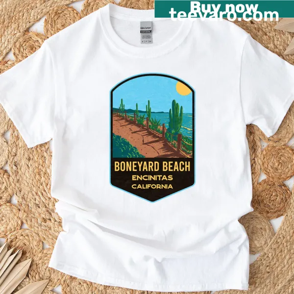 Minimalist silhouette of Boneyard Beach in California on T-shirt.