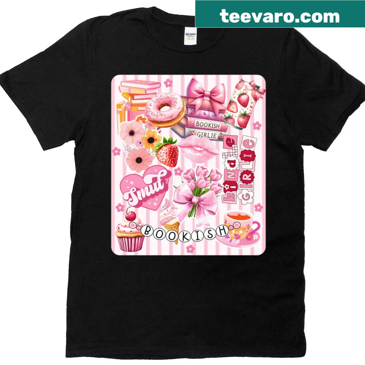 T-shirt with book-themed illustrations in a feminine collage — on a men's t-shirt