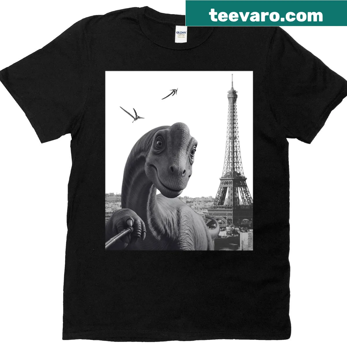 Funny Brachiosaurus graphic T-shirt with long neck design — on a men's t-shirt