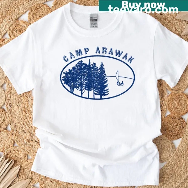 Whimsical camp design on a Camp Arawak T-shirt