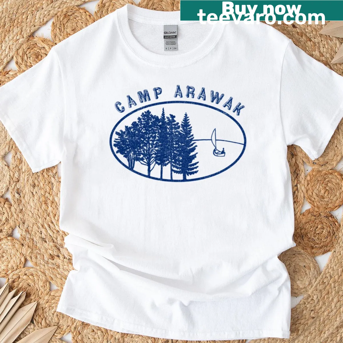Whimsical camp design on a Camp Arawak T-shirt — on a men's t-shirt