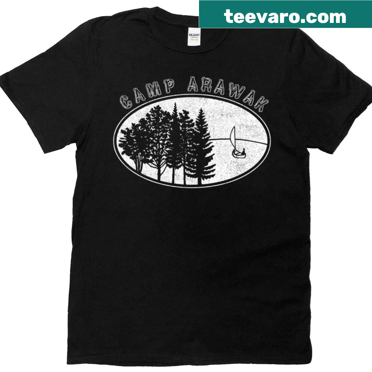 Vintage-style T-shirt celebrating Camp Arawak with outdoor-themed graphics — on a men's t-shirt