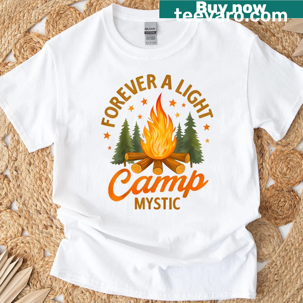 Charming camp-themed t-shirt with tents and campfires — on a men's t-shirt