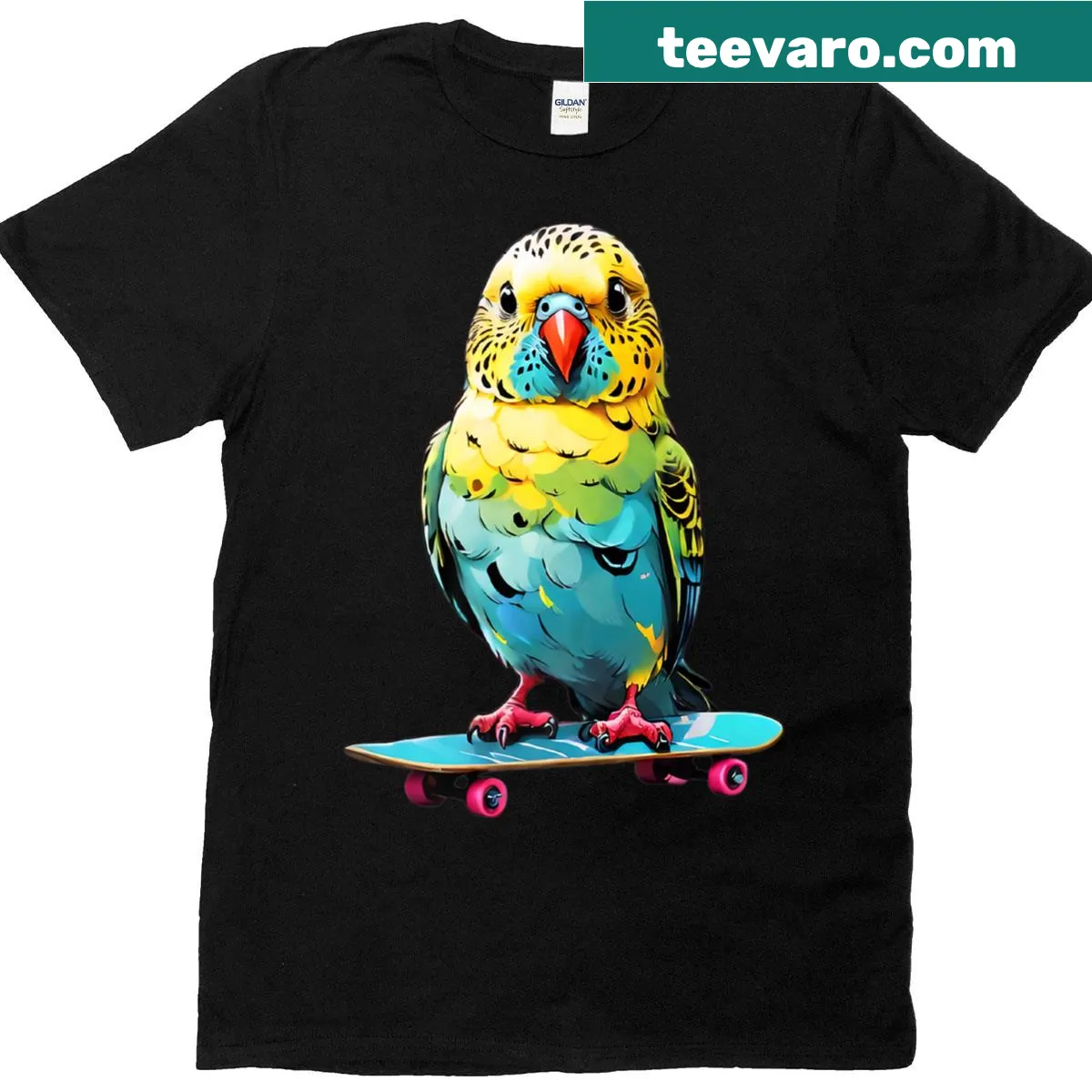 Cartoon T-shirt featuring a budgie on a skateboard — on a men's t-shirt