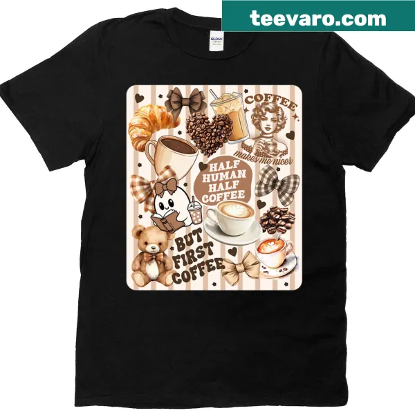 Collage design of coffee and books on a t-shirt