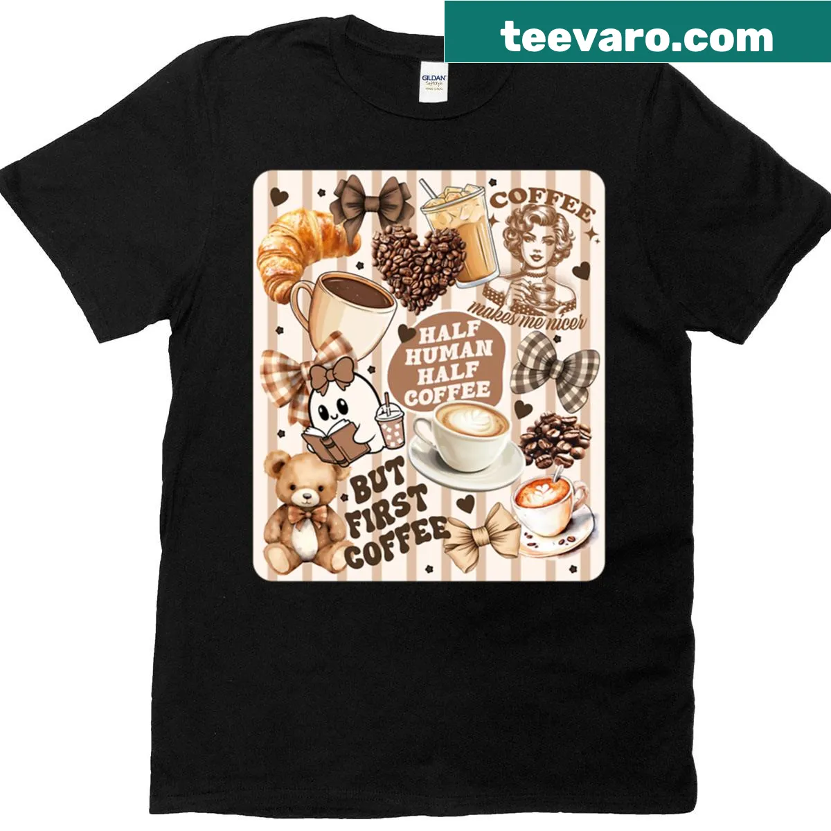 Collage design of coffee and books on a t-shirt — on a men's t-shirt