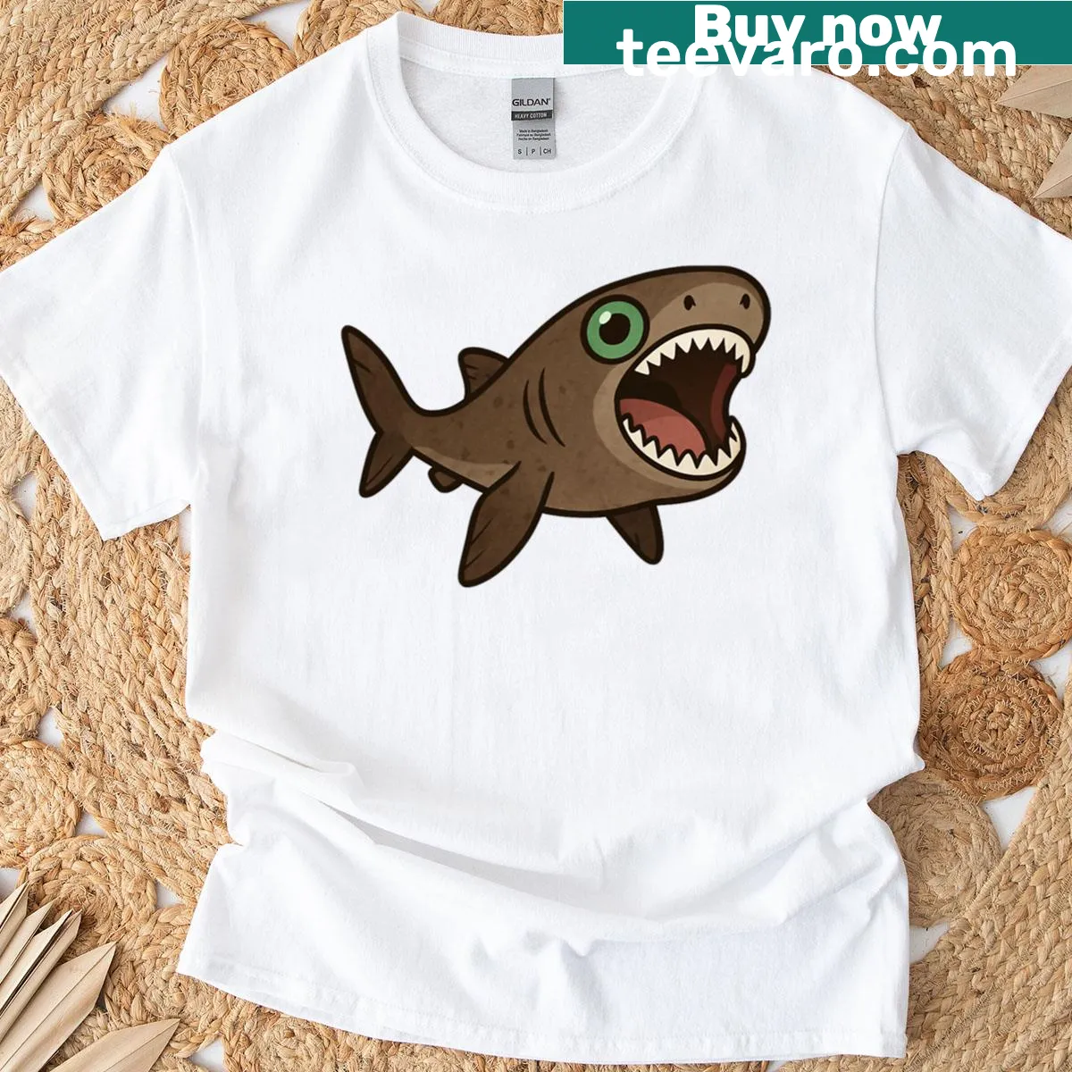 Unique cookiecutter shark biting ocean vinyl design — on a men's t-shirt