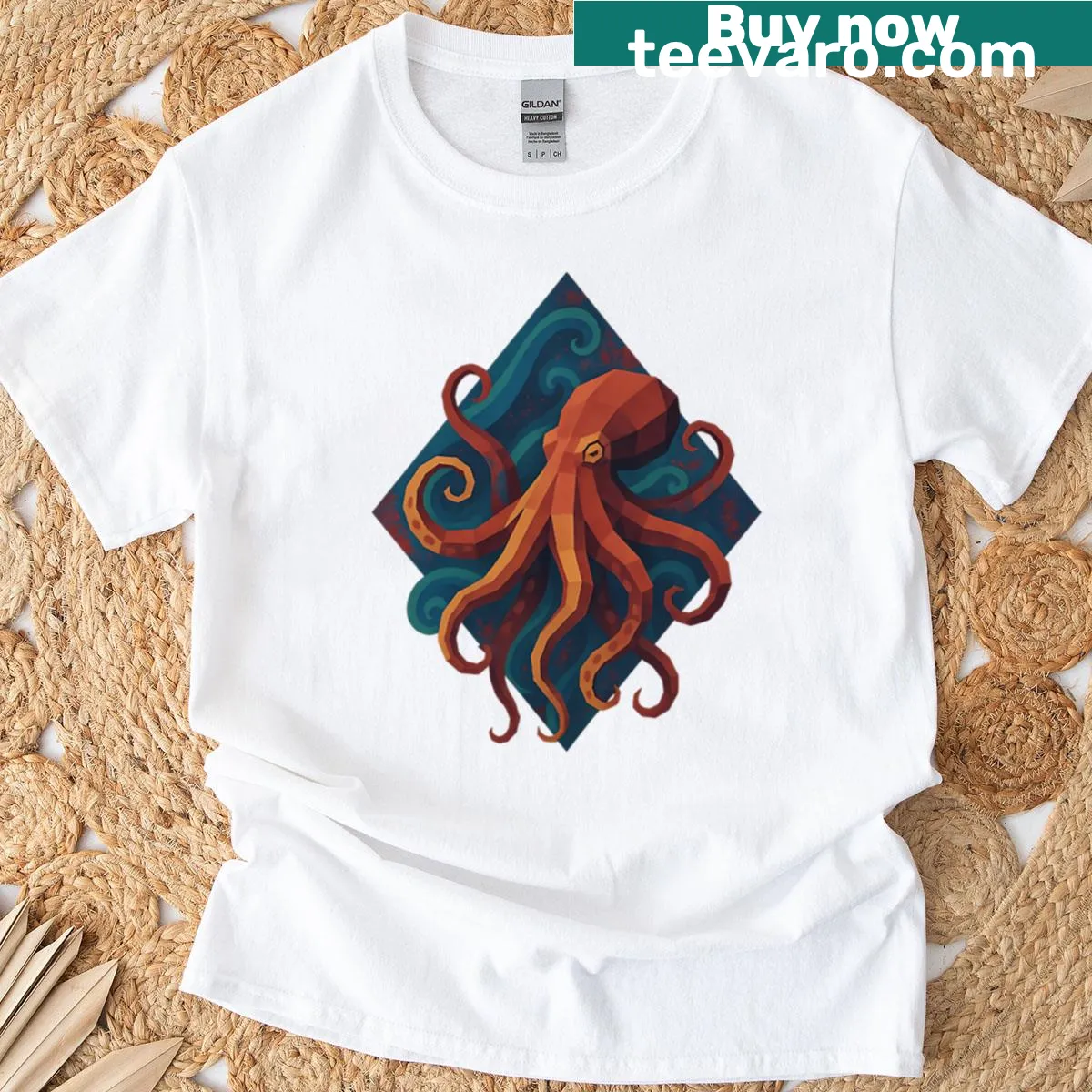 Geometric low polygon octopus design on a t-shirt — on a men's t-shirt